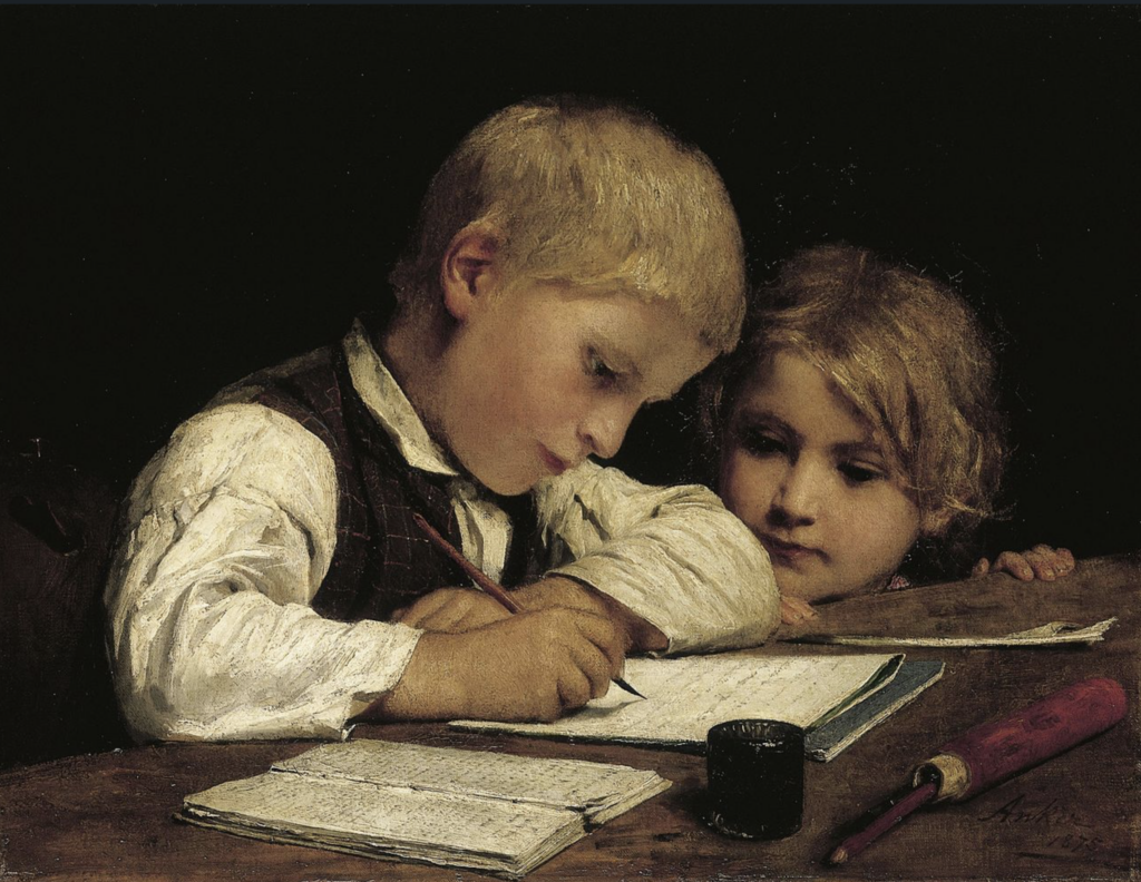 “Boy Writing With His Sister” Albrecht Anker 1875 wikiart.